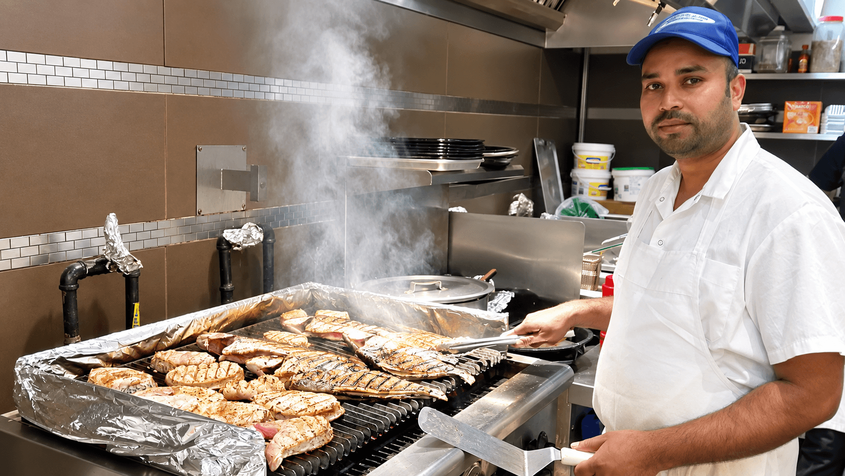 Chef at the grill with fish cooking.